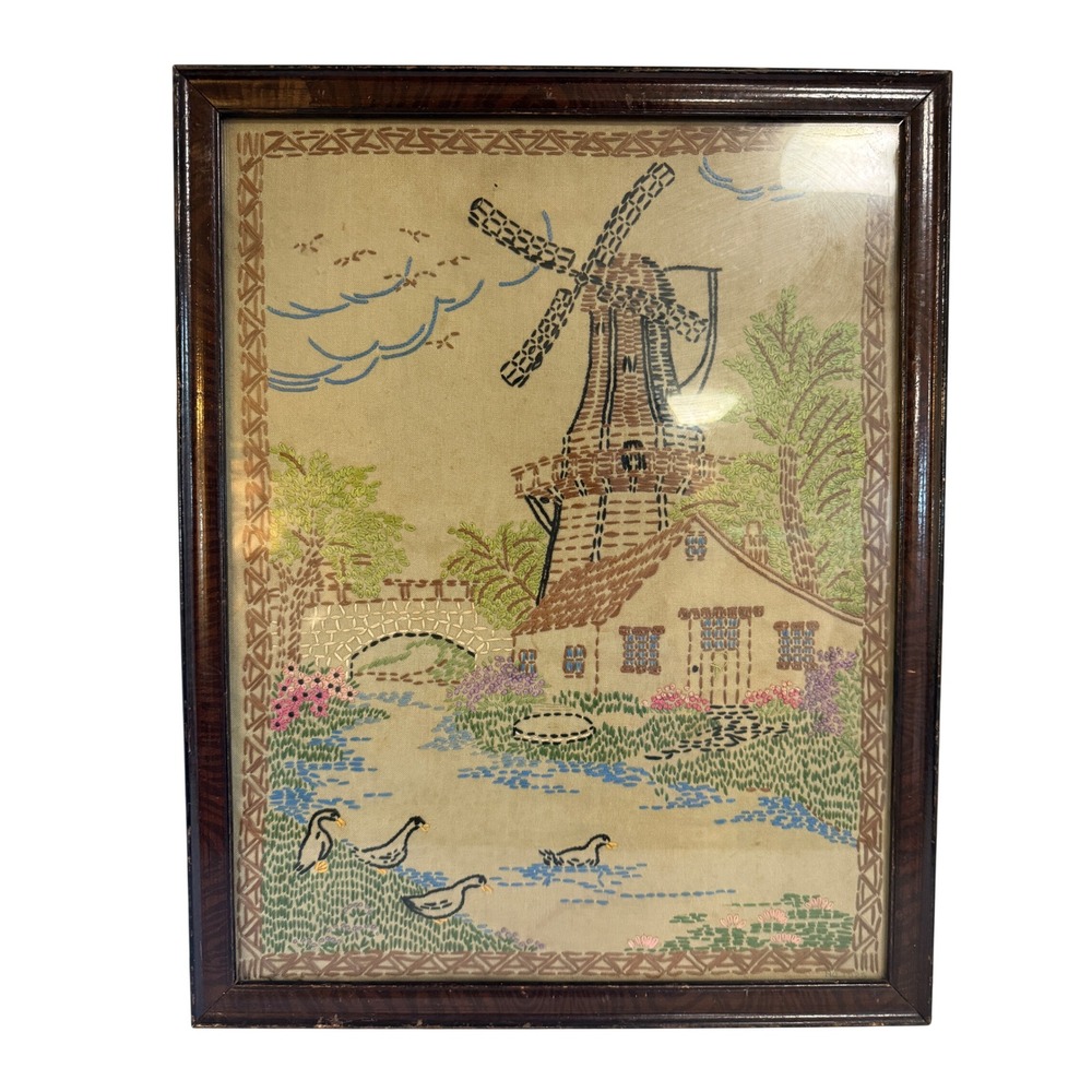 Vintage Dutch Windmill Needlepoint Framed Embroidery Art Landscape Cottage Ducks